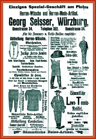 © Seisser & Cie. Muenchen GmbH Alte deutsche Werbung für das Bekleidungsgeschäft Georg Seisser in Würzburg, mit Abbildungen von Herrenhemden, Unterwäsche und Tennisbekleidung, mit ausführlichem Text über Produkte und Kontaktinformationen.