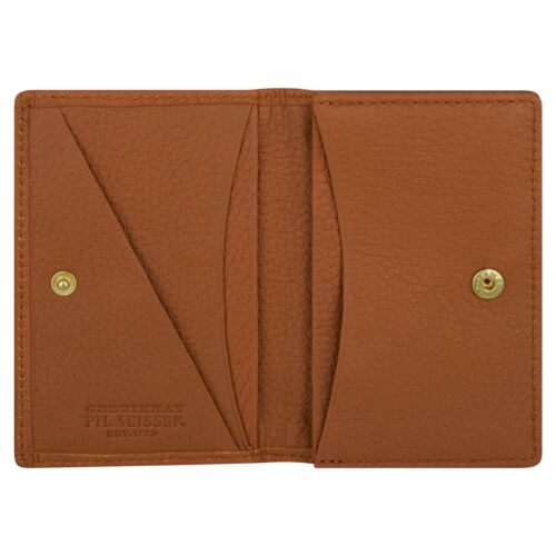 Offene braune Ledergeldbörse mit Druckknopfverschluss, mehreren Kartenfächern auf der linken Seite, einem größeren Fach auf der rechten Seite und geprägtem Markenzeichen auf der linken Innenseite.