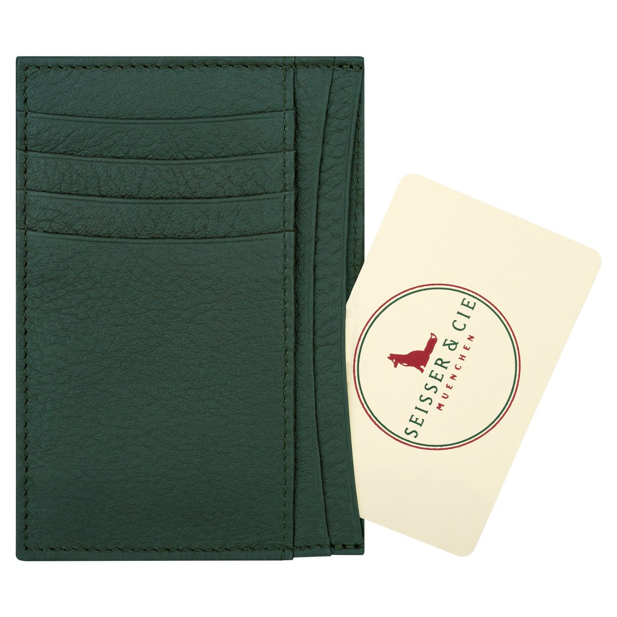 Ein Karten-Etui für 8 Karten (Cognac) wird neben einer cremefarbenen Karte mit dem Logo von Seiser & Cie München in Rot und Grün gezeigt.