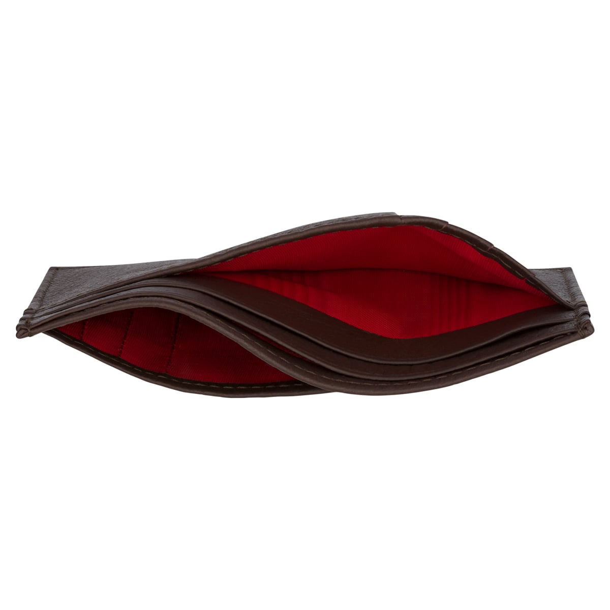 Das Karten-Etui für 8 Karten (Cognac) wird von oben nach unten gezeigt, geöffnet, um leere Fächer und ein auffallend rotes Inneres zu zeigen.
