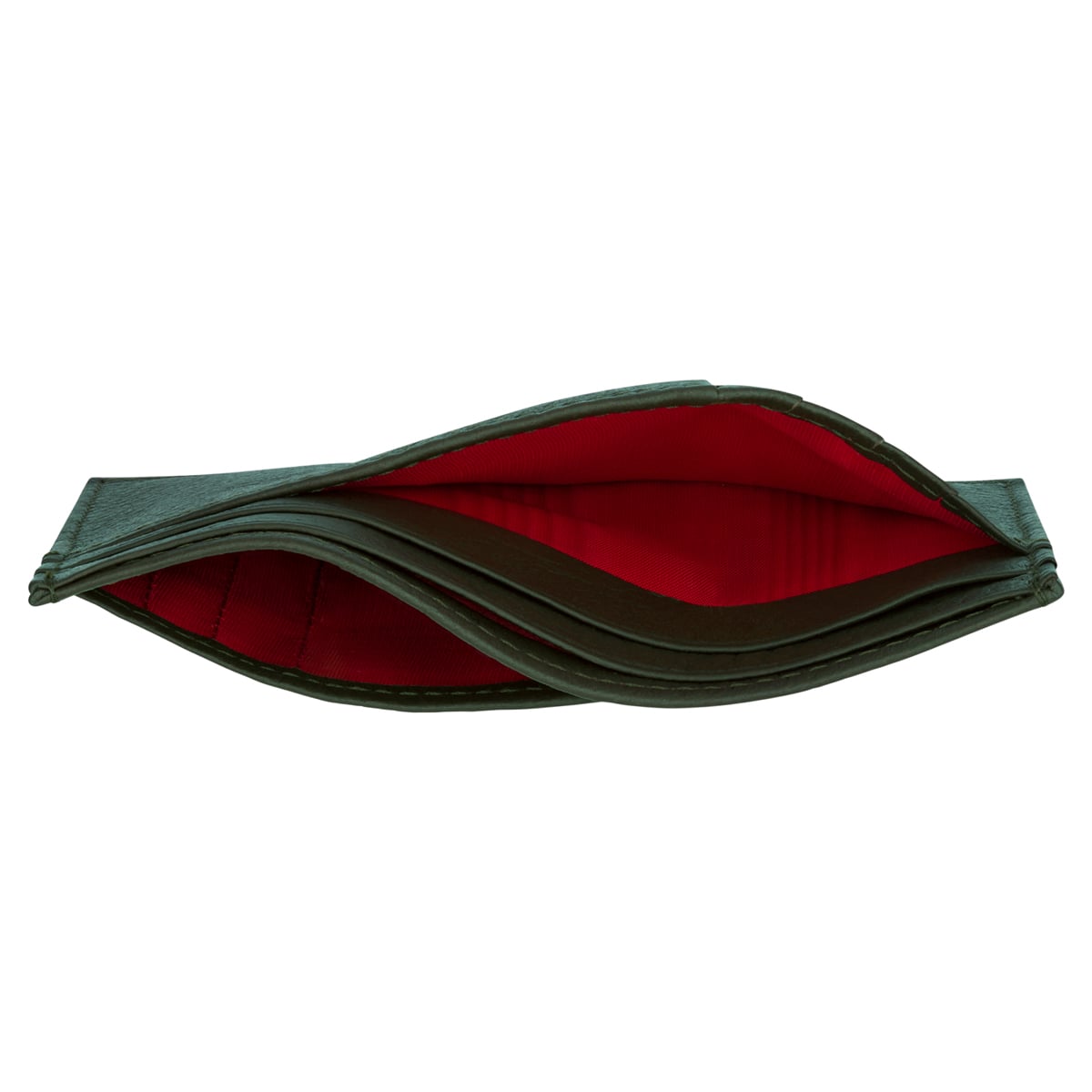 Die Draufsicht auf das offene Karten-Etui für 8 Karten (Cognac) zeigt das dunkle Äußere, das leuchtend rote Innere und die vielen Fächer.