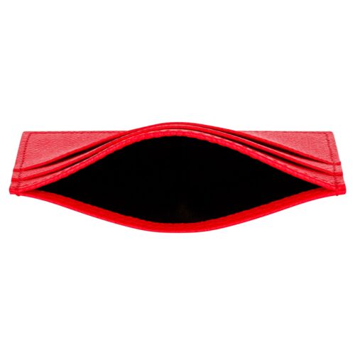 Ein rotes Lederportemonnaie von oben betrachtet, offen und leer, ohne Inhalt.