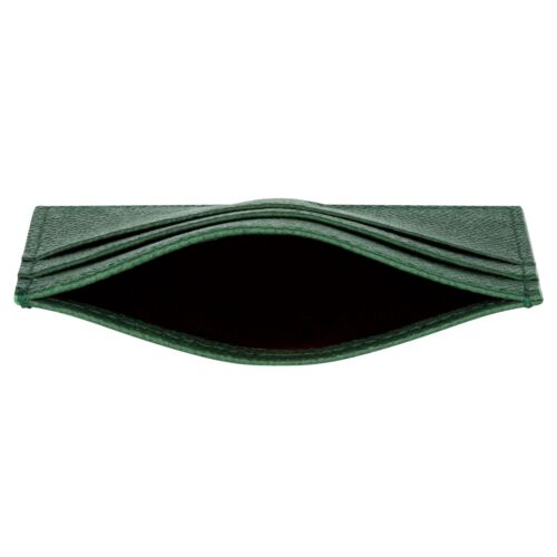 Draufsicht auf eine leere, grüne Ledergeldbörse mit einem offenen Fach in der Mitte und ohne sichtbaren Inhalt.