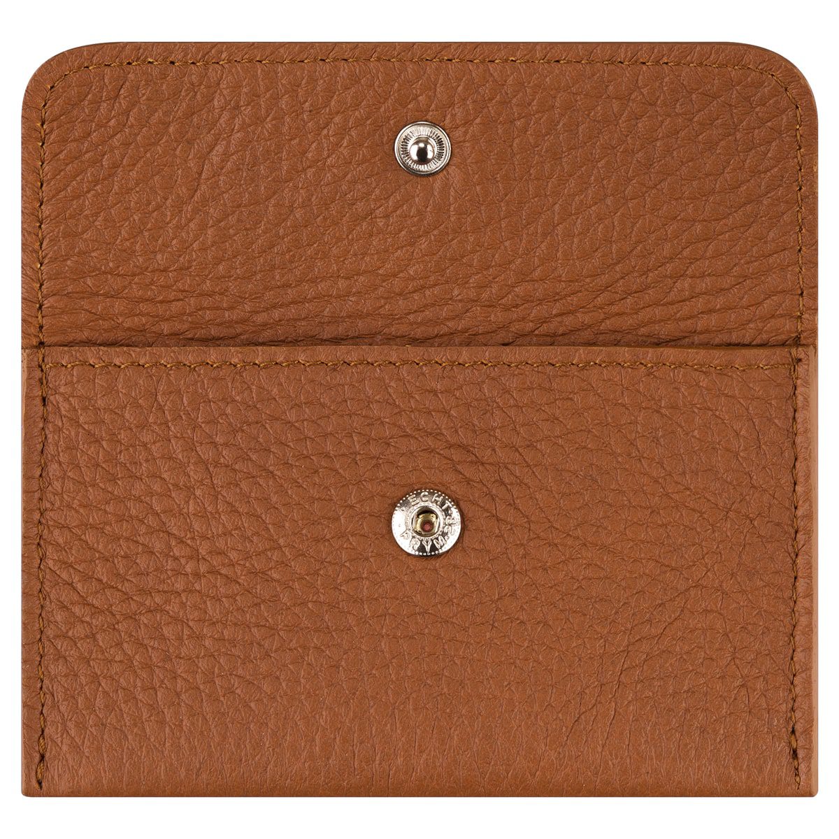 Ein Mini-Etui mit Druckknopf aus schwarzem strukturiertem Leder wird geöffnet gezeigt und zeigt sein Innenfach und den sicheren Druckknopfverschluss.