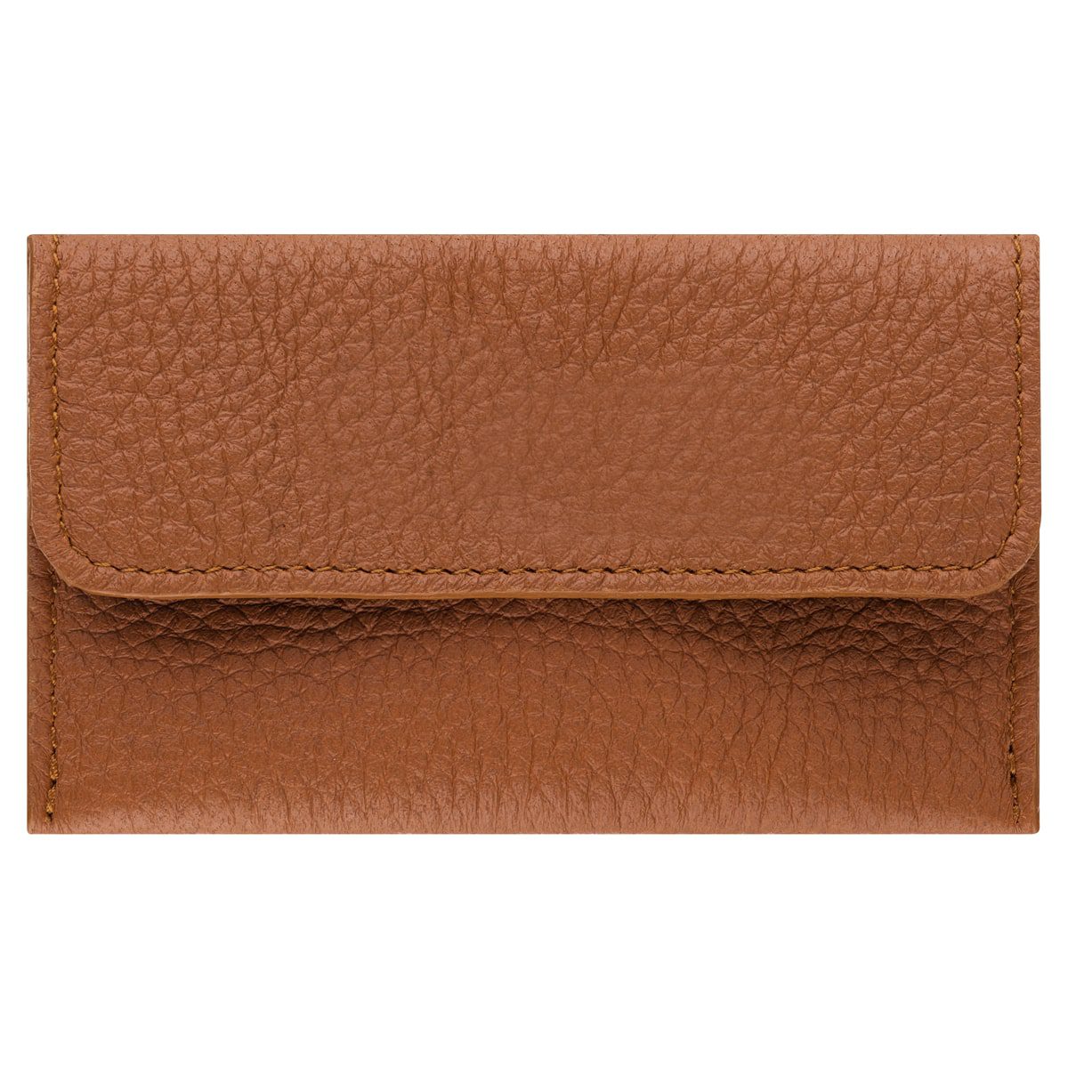 Ein schwarzes Mini-Etui mit Druckknopf mit strukturierter Lederoberfläche und sichtbaren Nähten, geschlossen auf weißem Hintergrund dargestellt.