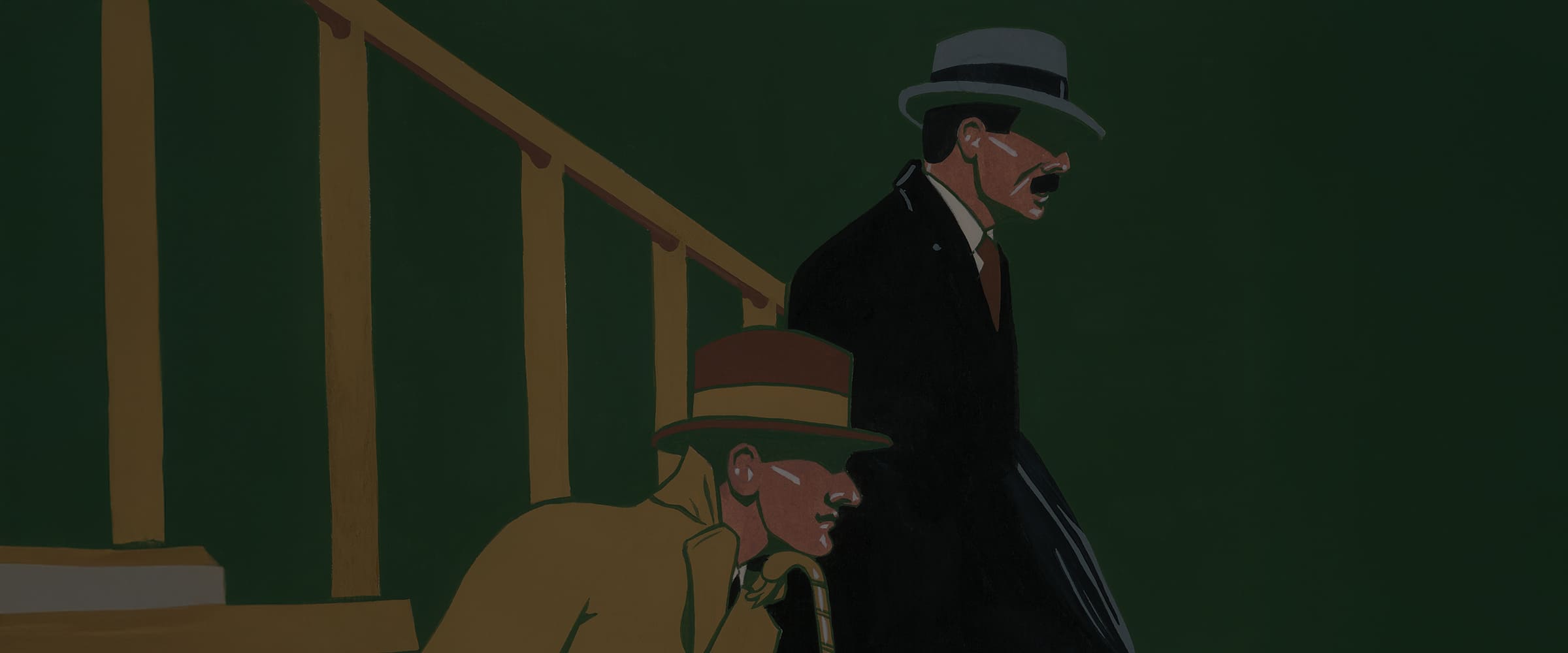 Zwei Männer mit Schnurrbärten und Hüten stehen in der Nähe einer Treppe vor einem dunkelgrünen Hintergrund; der eine trägt einen hellbraunen Mantel und einen braunen Hut und hockt sich hin, während der andere einen schwarzen Mantel und einen grauen Hut trägt.