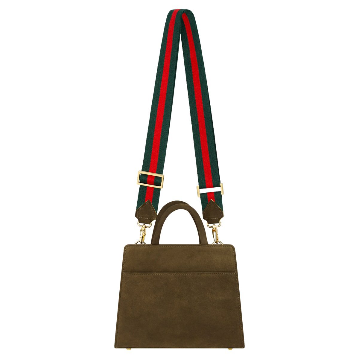 Die Clutch "Paris/Cortina" (Braun, echter Hirsch) ist eine braune, strukturierte Tasche mit kurzen, oberen Henkeln, einem abnehmbaren, grün-rot gestreiften Schulterriemen und goldenen Beschlägen.