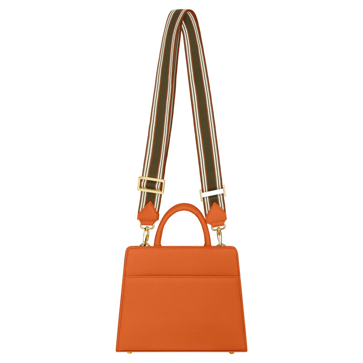 Die Clutch "Paris/Cortina" (Braun, echter Hirsch) ist eine strukturierte, rechteckige, braune Tasche mit einem kurzen, oberen Henkel und einem breiten, verstellbaren Riemen, der mit weißen und orangefarbenen Streifen und goldener Hardware akzentuiert ist.