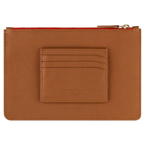 Eine braune Ledertasche mit Reißverschluss mit rotem Reißverschluss und einem kleinen aufgesetzten Kartenhalter mit drei Kartenfächern, alle aus dem gleichen strukturierten Leder.