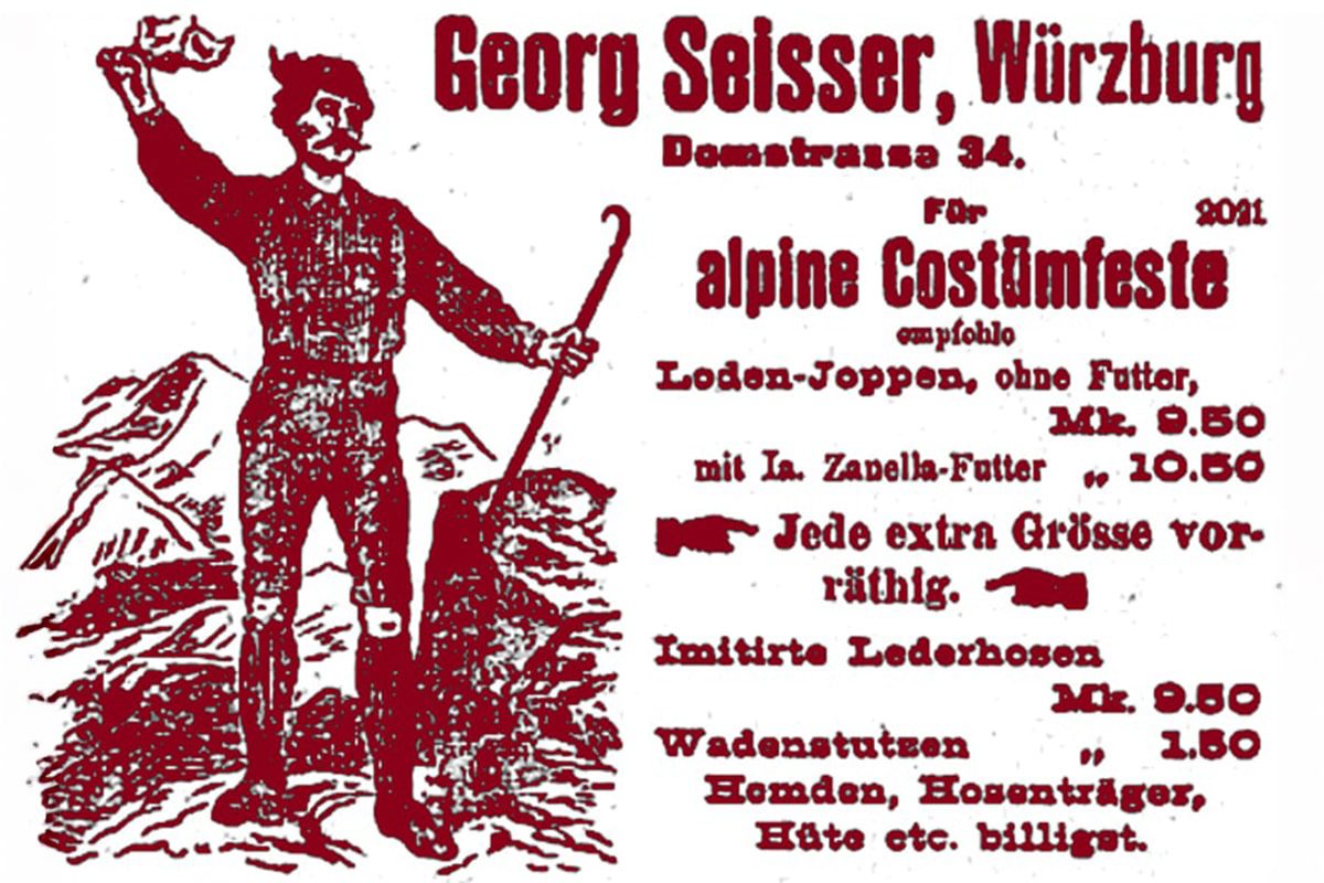 Die alte deutsche Werbung zeigt einen Mann in traditioneller alpiner Kleidung, der einen Bierkrug und eine Pfeife in der Hand hält. Auf der rechten Seite steht ein Werbetext für Trachten und Zubehör, einschließlich der Preise.