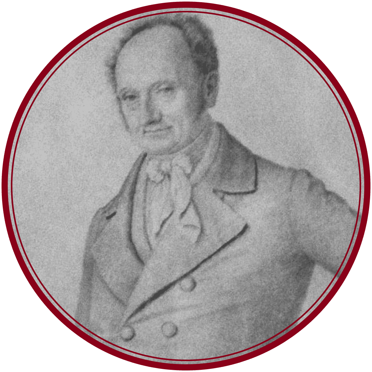 Schwarz-weißes Porträt eines Mannes mittleren Alters mit lockigem Haar, der einen zweireihigen Mantel und eine Krawatte trägt, umrahmt von einem roten kreisförmigen Rahmen.