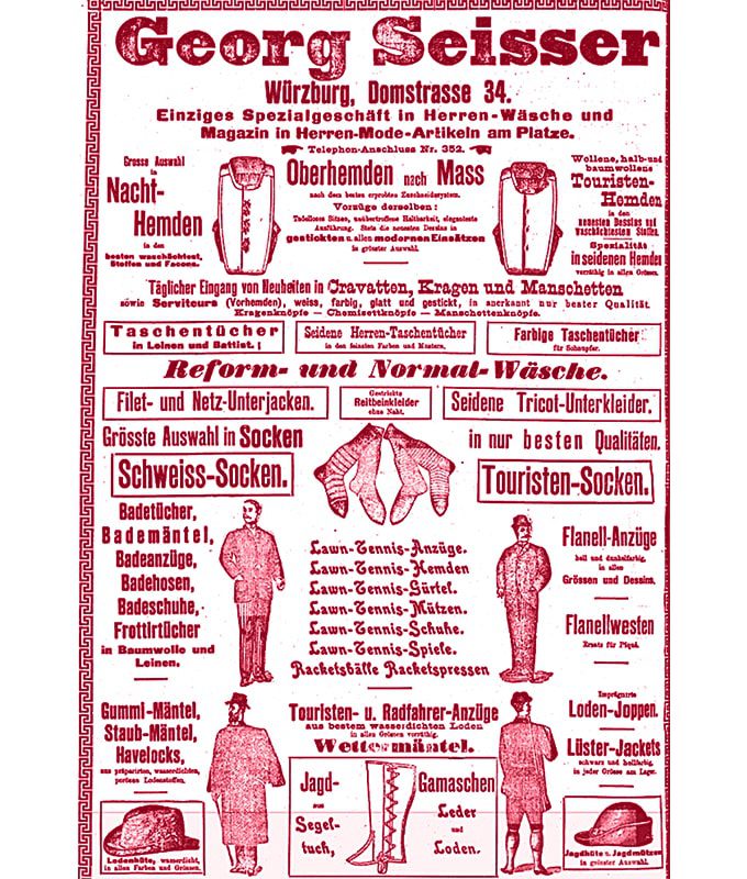 Alte deutsche Anzeige in Rot für Georg Seisser mit Abbildungen von Männern in zeitgenössischer Kleidung und Text, der Herrenmodeartikel wie Hemden, Anzüge, Socken und Accessoires auflistet. Die Anzeige ist von einer verzierten Umrandung umgeben.